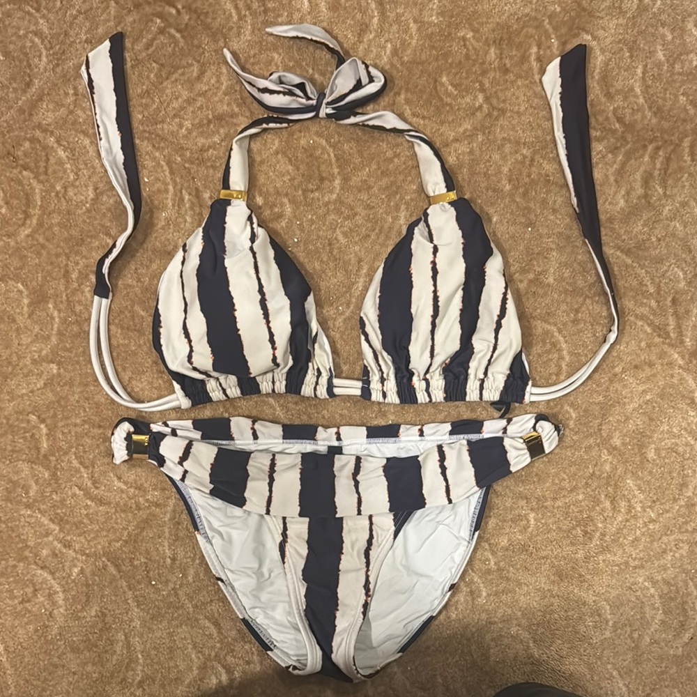 Striped Bikini Set with Gold Accents